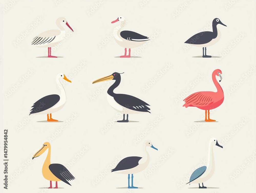 Obraz premium Colorful Illustrated Birds in Various Poses on Simple Background