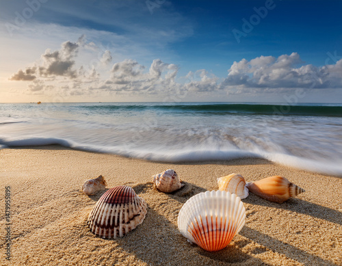 composition with beach water, sand, starfish and seashells. Summer vacations concept..