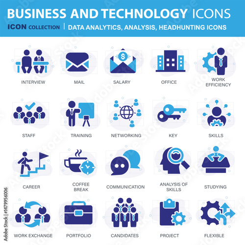 Headhunting icon set. Recruitment icon. Analytics icon set. Containing data analytics, graph visualization, dashboard metrics, report, financial, seo analytics, Job Interview, Career Path, Resume