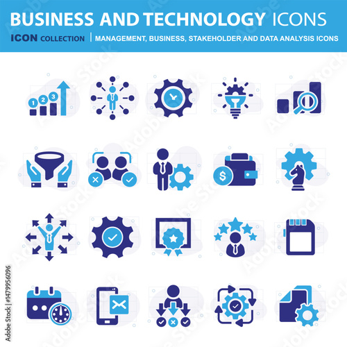 Business, data analysis, organization management and technology icon set. Teamwork, strategy, planning, marketing, cloud technology, data analysis, employee icon set. Icons vector collection