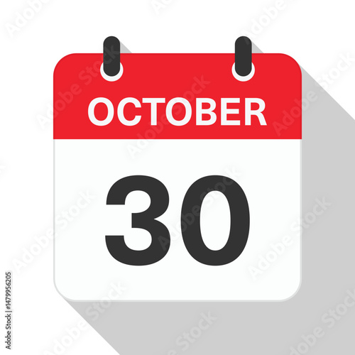 October 30 Daily Calendar. Red Theme on White Background.