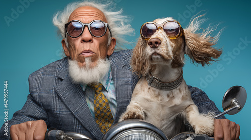 Portrait of an old man with a dog in a suit and sunglasses
