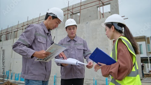 Group of engineers and architecture inspect and supervise the construction of building walls and foundations of residential buildings