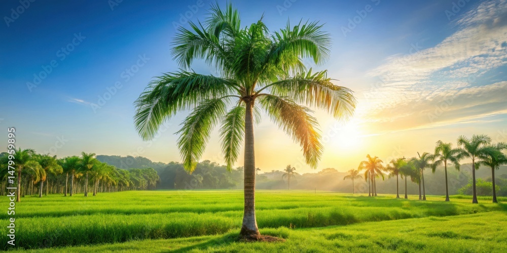Obraz premium Tall bamboo palm tree standing alone in a lush green field with bright sunlight filtering through its leaves , tree