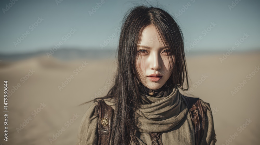 Fototapeta premium Resilient Woman in Desert Landscape: A Portrait of Strength and Determination
