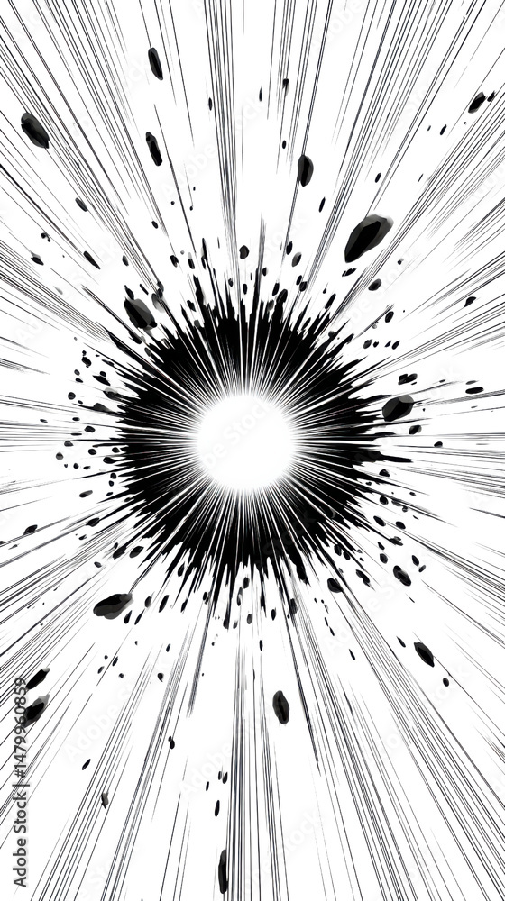 Obraz premium Abstract Explosion: A dynamic black and white illustration of a stylized explosion, showcasing energy and impact.