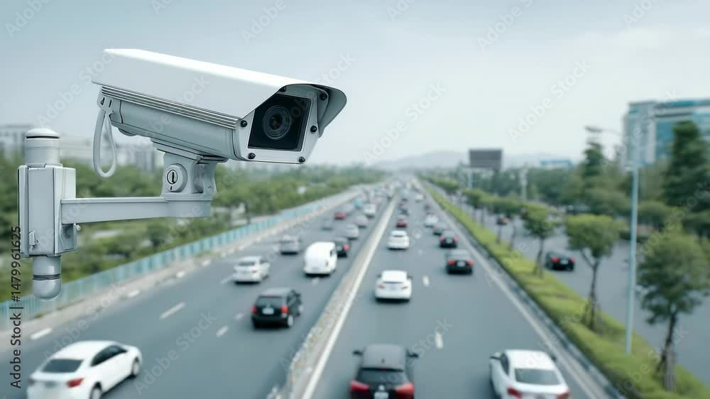 Surveillance camera monitoring traffic on a busy multilane urban highway with cars and green surroundings Surveillance camera monitoring traffic on a busy multilane urban highway with cars and green surroundings