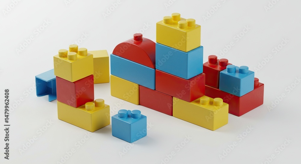 Obraz premium Colorful Plastic Building Blocks for Kids – Educational Toy Bricks on White Background