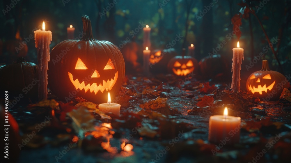 Fototapeta premium Carved pumpkins and candles illuminate a dark autumn forest path