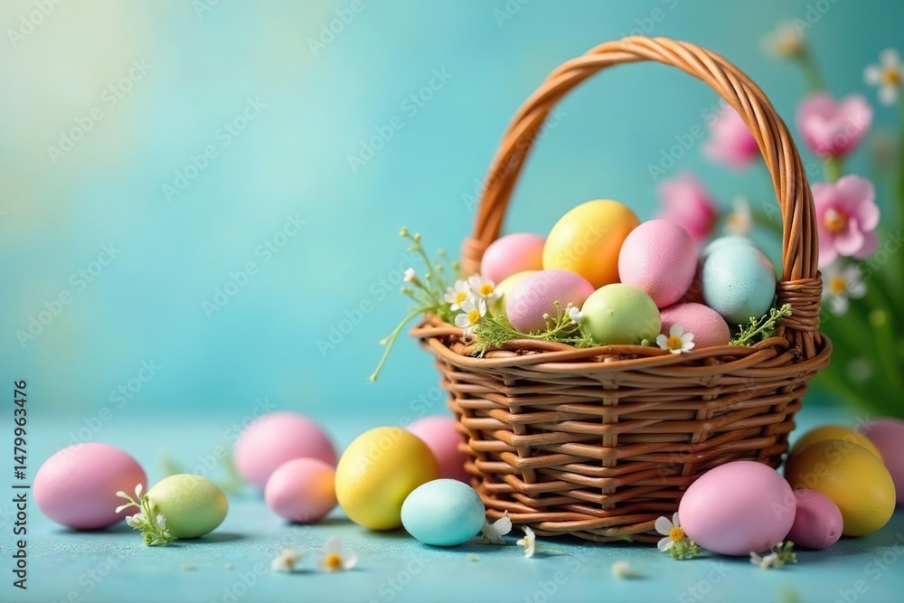Colorful Easter candy in a basket, surrounded by spring flowers and pastel-colored eggs , bunny, holiday decorations, vibrant Colorful Easter candy in a basket, surrounded by spring flowers and pastel-colored eggs , bunny, holiday decorations, vibrant