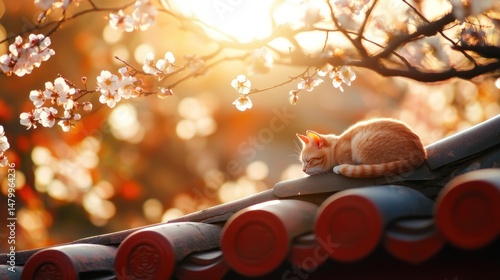 Orange tabby cat naps peacefully on a rooftop beneath blossoming tree branches in warm sunlight