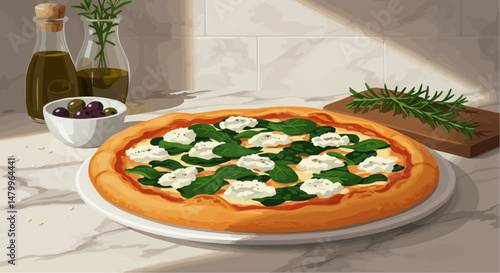 Flat vector art of a pizza topped with spinach and cheese on a countertop  
