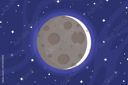 Cartoon style new moon illustration. Simple, hand-drawn dark moon shape in a playful and minimal design. Great for astronomy visuals, children’s materials, and themed stickers.