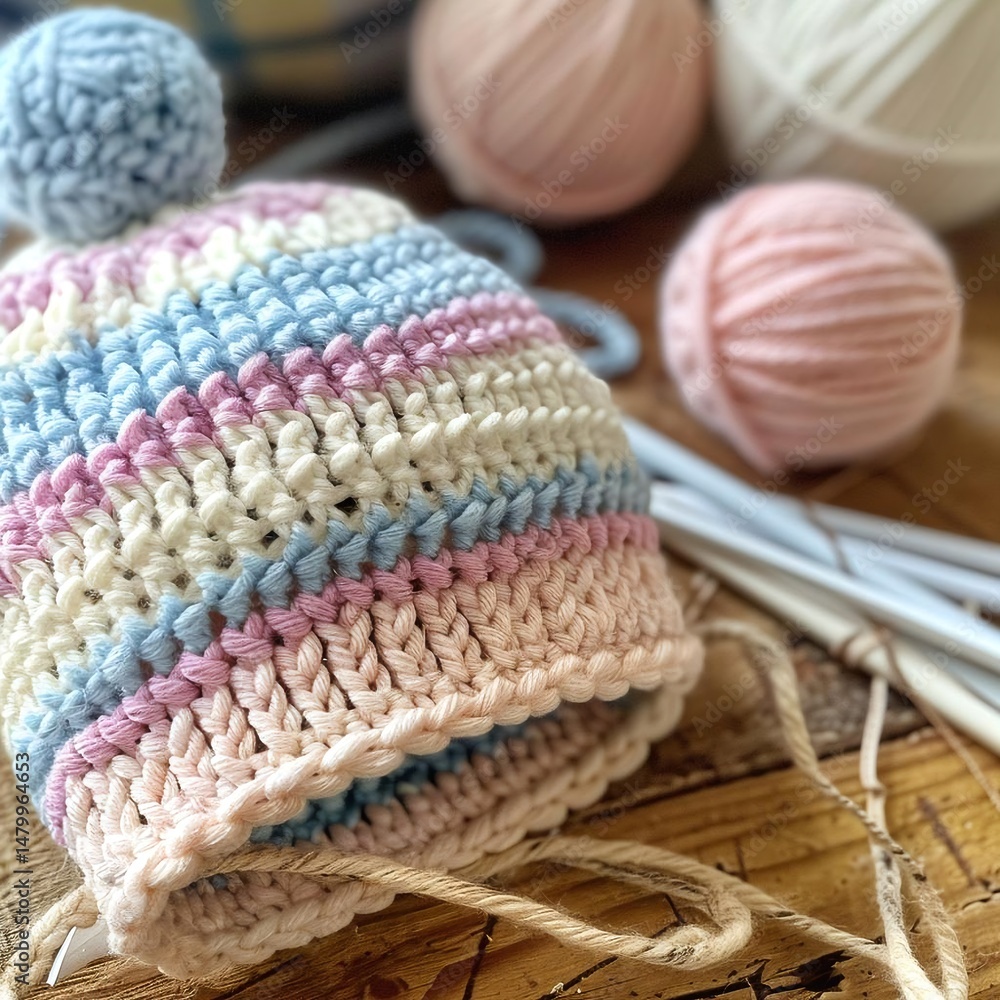 Fototapeta premium A soft pastel-colored crochet beanie in progress sits on a light wooden table, illuminated by natural bright lighting.