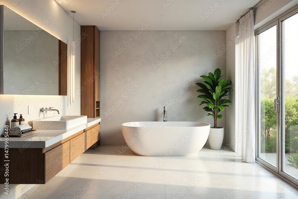Modern bathroom with large mirror, sleek fixtures, and minimalist design Bright, clean space , design, home decor Modern bathroom with large mirror, sleek fixtures, and minimalist design Bright, clean space , design, home decor