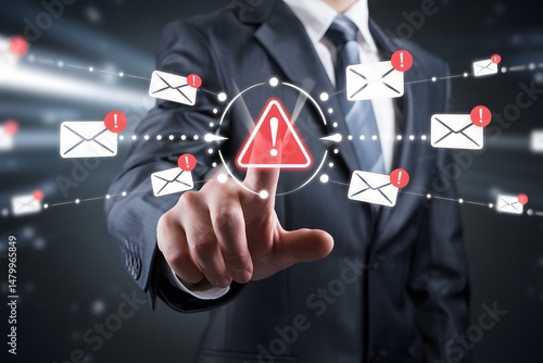 Businessman interacting with a notification of spam emails.