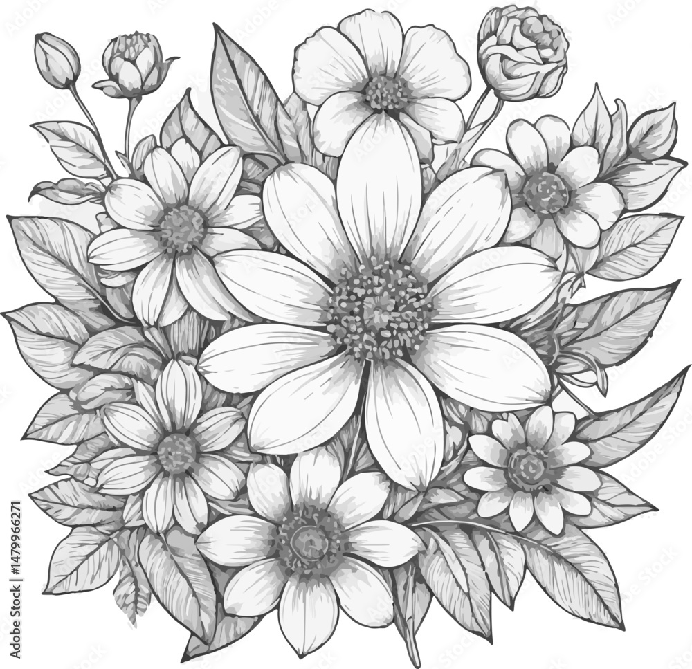 An elegant monochrome floral illustration showcasing a bouquet of various daisy-like flowers, buds, and detailed leaves in a delicate, hand-drawn sketch style. An elegant monochrome floral illustration showcasing a bouquet of various daisy-like flowers, buds, and detailed leaves in a delicate, hand-drawn sketch style.