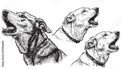 Dog barking loudly engraved in vintage woodcut style showing communication alertness and protective behavior