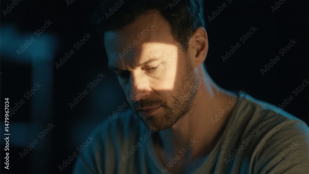 Man in deep thought with a focused gaze, bathed in soft screen glow. A moment of quiet intensity and contemplation. Man in deep thought with a focused gaze, bathed in soft screen glow. A moment of quiet intensity and contemplation.