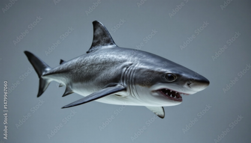 Fototapeta premium a diving shark, white background, sharp fins, fierce teeth, 4k resolution