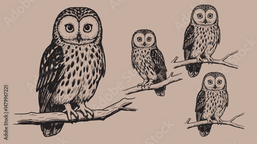 Engraved vintage owl perched on tree branch with detailed feathers large eyes and alert night stance