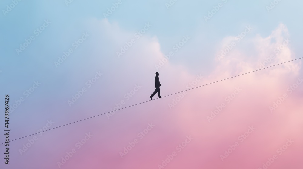 Person Balancing On Tightrope Against Ethereal Pink And Blue Sky Person Balancing On Tightrope Against Ethereal Pink And Blue Sky