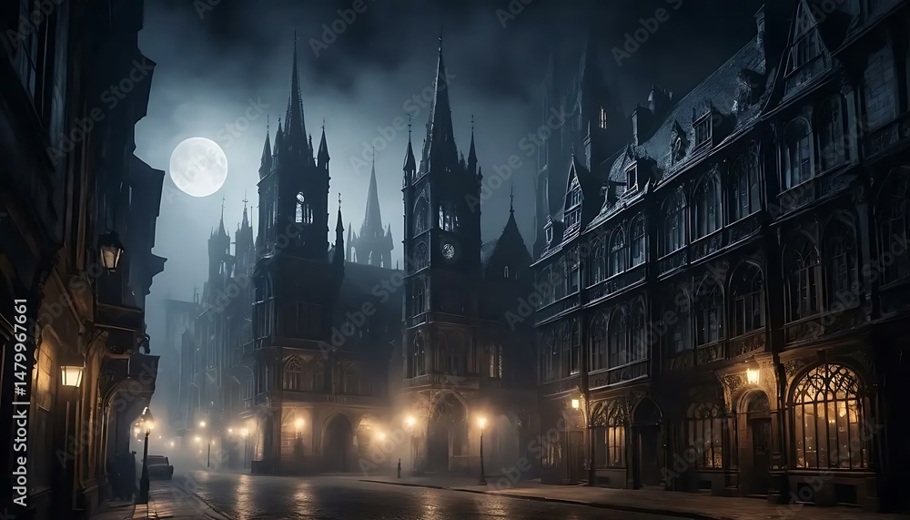 Fototapeta premium Eerie, dark gothic cityscape at night with a full moon illuminating the cobblestone streets below.