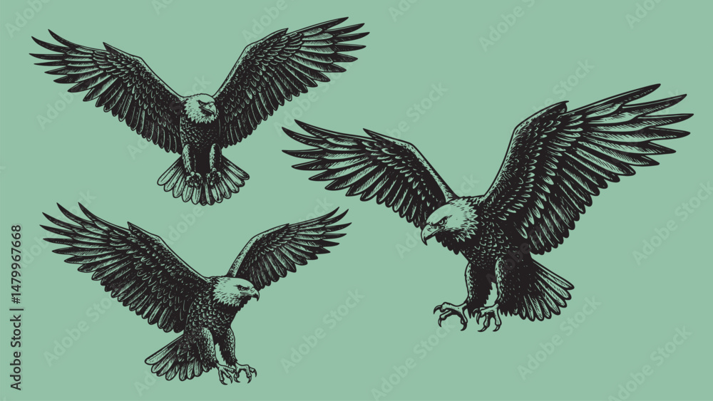 Obraz premium Vintage engraved eagle flying with wide spread wings powerful feathers visible and majestic airborne predator pose