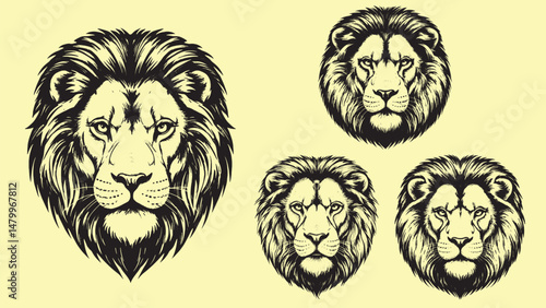 Vintage engraved lion head front view with flowing mane detailed fur and strong piercing eye expression