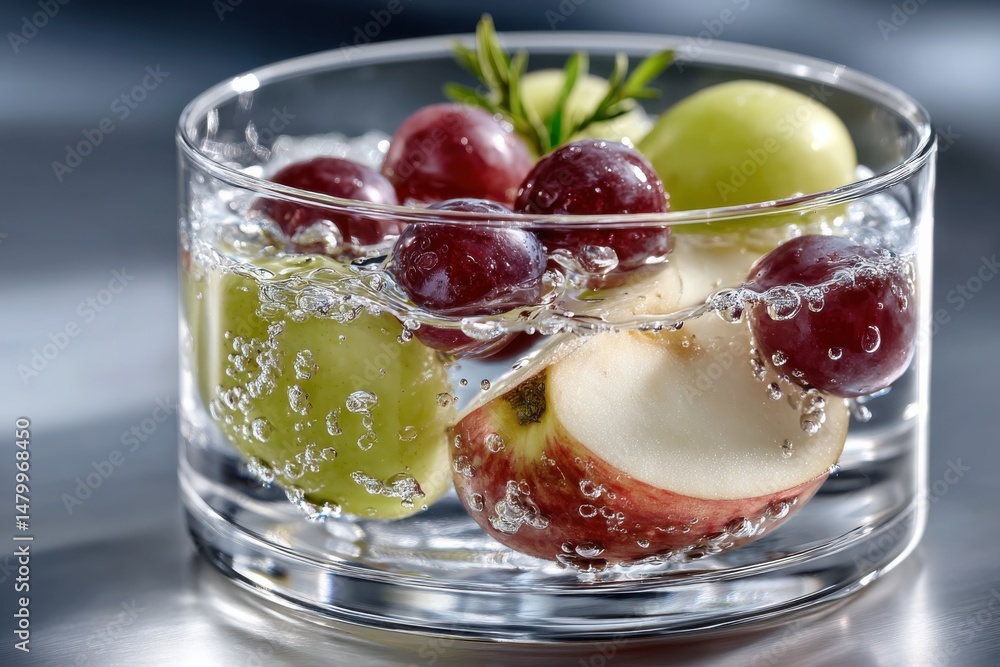 custom made wallpaper toronto digitalA vibrant display of fresh green and red grapes, with sliced apples, bubbles rising in sparkling water, showcasing a delightful and refreshing drink experience filled with color.