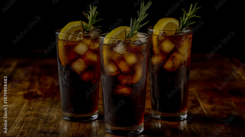 Three refreshing cocktails garnished with lemon and rosemary in tall glasses on a rustic wooden surface Three refreshing cocktails garnished with lemon and rosemary in tall glasses on a rustic wooden surface