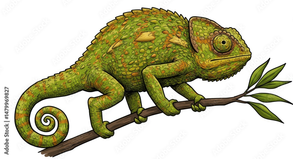 Obraz premium Hand-Drawn Chameleon Illustration; Reptile Sketch, Colorful Wildlife Art for Design