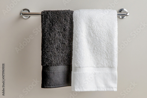 Two luxurious bathroom towels in black and white hanging on a sleek chrome towel rack