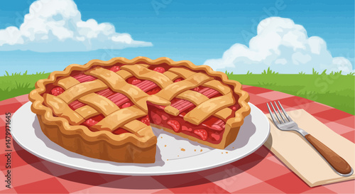 Delicious strawberry pie on picnic tablecloth in outdoor setting  