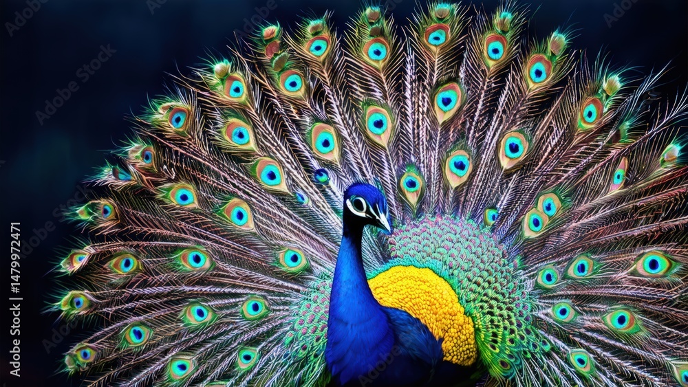 Obraz premium Peacock Displaying Feathers: Vibrant Plumage, Iridescent Colors, and Exotic Bird