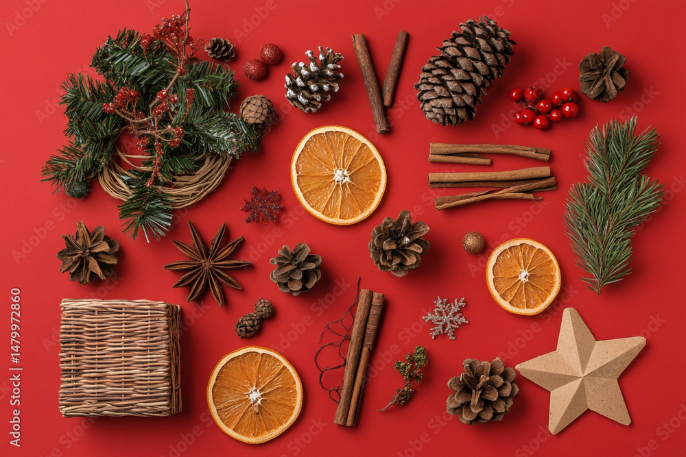 Festive winter arrangement featuring pine cones cinnamon sticks dried oranges greenery and a star Festive winter arrangement featuring pine cones cinnamon sticks dried oranges greenery and a star