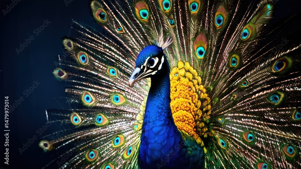 Fototapeta premium Majestic Peacock Displaying Vibrant Feathers, Peacock Feathers, Bird, Wildlife, Beauty, Elegance, Close-Up