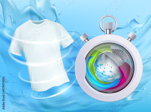 White washed t-shirt next to washing machine. Vector illustration