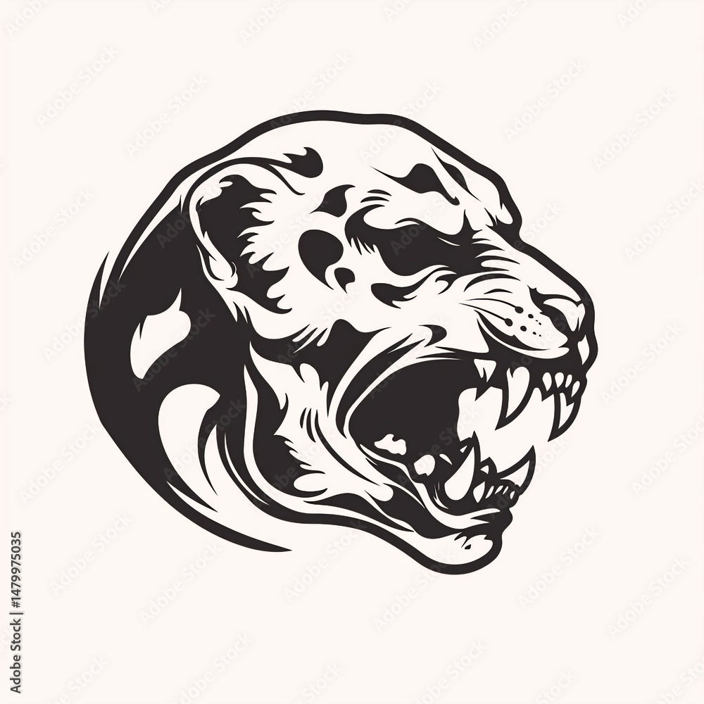 Fototapeta premium A jaguar's head is depicted with its mouth open, showcasing sharp teeth and fangs, against a plain white background emphasizing contrast and simplicity.