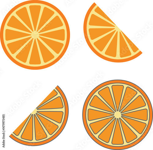 set of fresh orange fruit round slices and half slice isolated on white background, design element