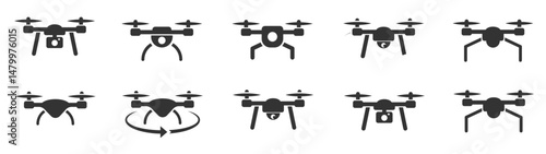 Drone icons. Quadcopters. Aerial drone. Copters collection. Vector illustration
