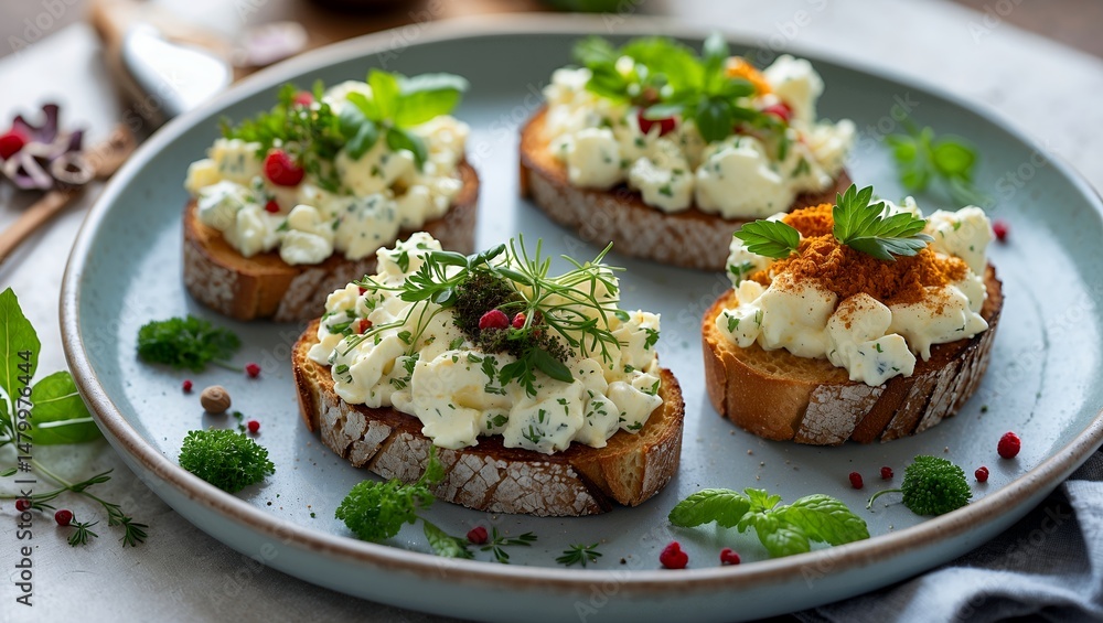 Toasts topped with creamy cheese and fresh herbs Toasts topped with creamy cheese and fresh herbs