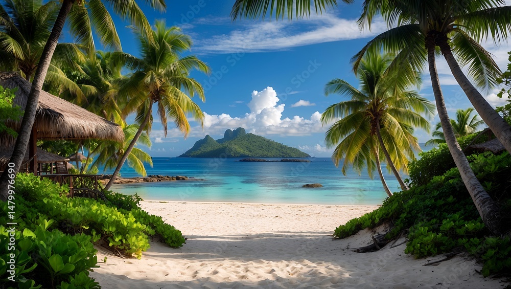 Fototapeta premium Tropical beach framed by lush palms and ocean view