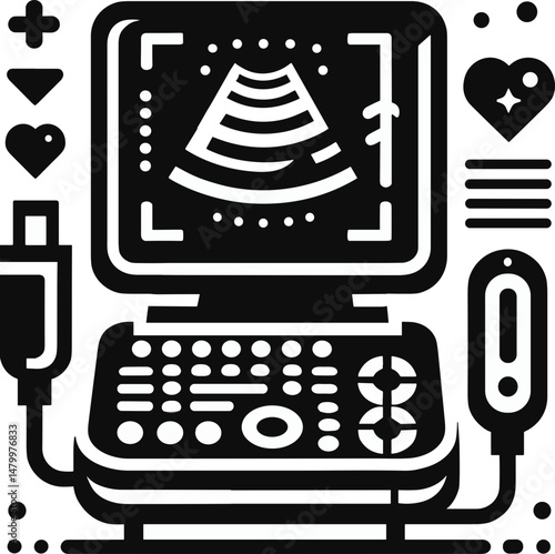 Medical ultrasound machine illustration with controls and graphics  