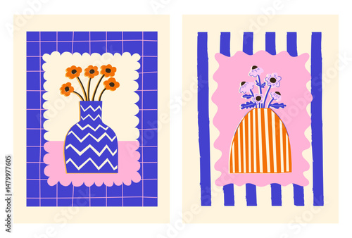 Set of hand drawn colorful posters with abstract flowers in vases. Contemporary art bouquets on geometric checkered and striped backgrounds. Trendy floral design. Vector illustrations