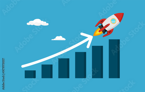 Boost Sales vector concept. Financial diagram with flying rocket, shopping cart, and stack of coins