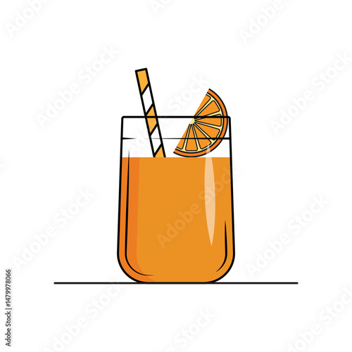 Fresh orange juice in a glass with orange half slice and tube, Isolated on white background