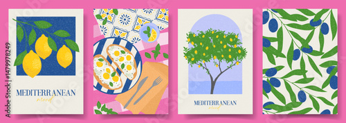 Set of trendy summer cards. Vector illustration with bright posters with olive branches, lemons, Mediterranean breakfast. Concept flyers for party, holiday, event, card, invitation, banner.