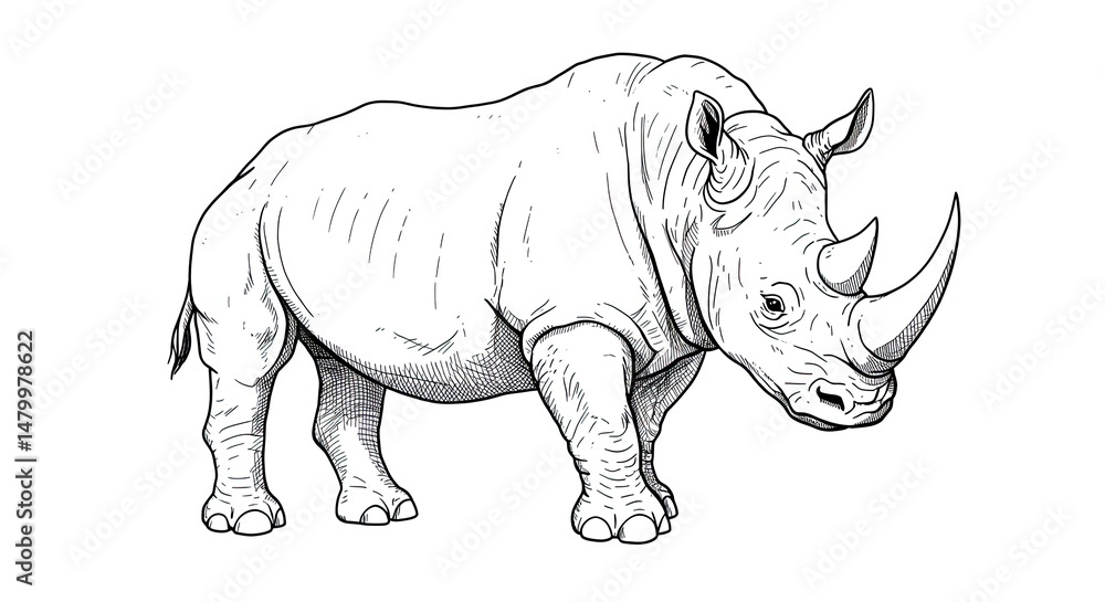 Fototapeta premium Rhinoceros Hand Drawing; Wildlife Concept, Large Herbivore Art Illustration Design