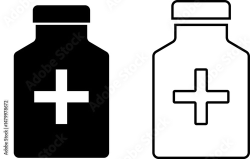 medicine bottle icon. Pharmaceutical dosage sign. minerals pill jar. prescription label, drug pills container
